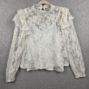 Express Blouse Womens Small White Floral Lace Sheer Mock Neck Ruffle Coquette